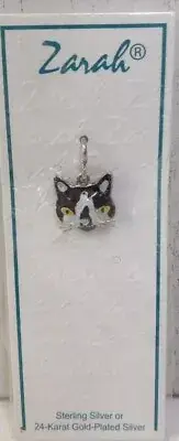 Zarah Sterling Silver Enamel Black & White Cat Face Jewelry Charm NOS