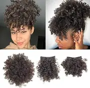 UAmy hair Afro Puff Drawstring Ponytail with 2 Replaceable Bangs for Black Women Short Afro Kinky Curly Hair Bun with Afro Puff Bangs and Spring Curl Bangs Synthetic Messy Bun Clip in Hairpieces