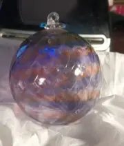 Hand Blown Orange And Purple Art Glass Ornament, 3.5”