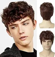 Mens Short Curly brown Wig Heat Resistant Hair Wigs Halloween Party
