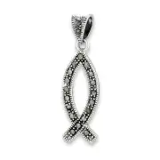 925 Sterling Silver Marcasite Christian Ichthus Pendant with bail