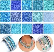 GorgGorho 15 Color 4mm Small Assorted Glass Seed Beads,3mm Bugle Beads Friendship Bracelet Kit,2mm Tiny Tube Beads for Jewelry Making(Blue Bead)