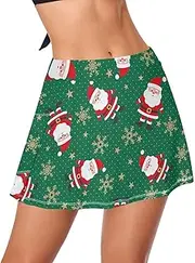 [GuoChe] Womens High Waist Swim Skirt Christmas Santa Claus Snowflakes Green Bathing Suit Bottom for Women Swimdress with