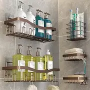 Youvip Adhesive Shower Caddy, No Drilling Bath Organizers 5 Pack, Rustproof Shelves with Soap Holder & Toothbrush Holder, Bathroom Organizers and Storage, Bronze