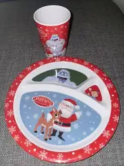 Rudolph Red Nosed Reindeer Plate Christmas Hermey Elf Bumble Red White Divided