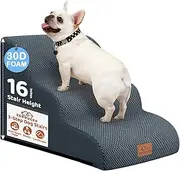 Zerbuger 3-Step Dog Stairs for Small Dogs 16" H, Curved Pet Steps for Old/Injured Dogs Cats Climbing Bed, Chair or Couch, Premium Foam Non-Slip Ramp for Indoor Pets up to 50lbs, Dark Grey