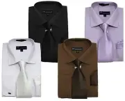 Men's Solid Dress Shirt French Cuff w/ Matching Tie & Hanky #27 Black, White
