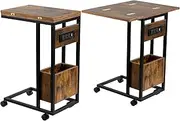 Hadulcet C Tables End Table Set of 2, C Shaped Side Table with Charging Station, Folding Table TV Trays for Eating, Couch Tables That Slide Under, Small End Table Snack Tables, Rustic Brown