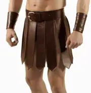 Mens Real Cowhide Leather Brown Heavy Duty Gladiator Kilt Set Halloween LARP