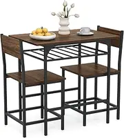 Giantex Dining Table Set for 2, 3-Piece Wood Rectangular Table & Chair Set w/Metal Frame, Storage Rack, Space-Saving Dinette Set for Breakfast Nook, Kitchen Dining Room (Brown+Black)