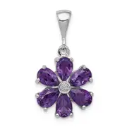 Sterling Silver Rhodium Plated Amethyst and Diamond Flower Pendant