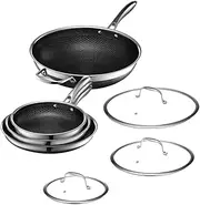 HexClad Hybrid Nonstick 7-Piece Pan Set, 20, 25, and 30 cm Frying Pans with Tempered Glass Lids and 30 cm Wok, Stay-Cool Handles, Dishwasher-Friendly, Induction Ready, Compatible with All Cooktops