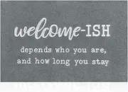 JJUUYOU Welcome Mats for Front Door Outdoor Entry Welcome Ish Depends Who You are Doormat Non-Slip Rubber Mat for Home Indoor Farmhouse Funny Kitchen Rugs Balcony Patio Light Gray