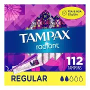 Tampax Radiant Plastic Tampons, Regular Absorbency, Unscented, 28 Count (Pack of
