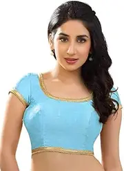 [themilestocks] Polyester Raw Silk Indian Wedding Blouse Top Choli Saree Bollywood Belly Dance, Sky Blue, Medium