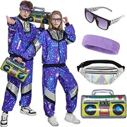 [Matreeglam] 80s Tracksuit Costume Women Men, 80s 90s Retro Disco Jacket Trousers, Jogging Suit Fancy Dress Costumes for Halloween Theme Party Carnival (Blue, S)