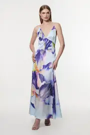 Hammered Satin Deep V Strappy Woven Maxi Dress
