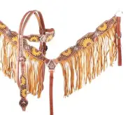 SUNFLOWER Hand Painted Browband Headstall Mustard SUEDE FRINGE Breastcollar Set