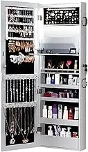 LEVEDE LED Lights Jewelry Cabinet Armoire, Lockable Makeup Storage Organiser with Full Length Mirror, Wall/Door Mounted Dressing Mirror for Bedroom, Living Room, Bathroom, White