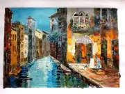 A Hand Signed Original Painting Restaurant in Venice by Atef, Oil on Canvas