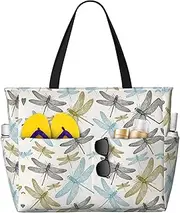 [Ghjkfbf] Simple Dragonfly Print Large Capacity Beach Travel Bag For Family, Beach Tote Bag For Women With Zipper Pockets, Black, One Size