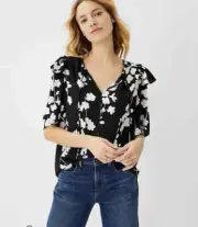 Ann Taylor NWT Petite Floral Tie Neck Flutter Sleeve Top in Black-Size PM-$80