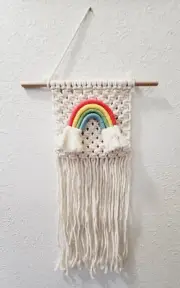 Cute MACRAME Wall Hanging 25" x 12" Neutral Colors Woven Pop Rainbow Decor Craft