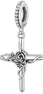 [wenyin] Rose Cross Pendant Charms 925 Sterling Silver Religious Charms Beads fits Pandöra Charm Bracelets Necklace for Women