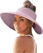[Generic] Sun Visor Hats for Women 2025 Summer Wide Brim Straw Ponytail Beach Hat Foldable Packable Roll up Caps Vacation Visor