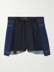 [Sacai] Sacai - Belted Pleated Denim And Shell Shorts - Navy - 2 2 Blue