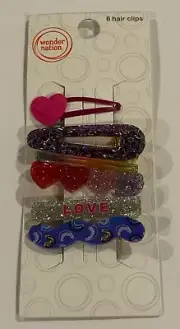 Wonder Nation Girls’ Pink & Purple Hearts/Love/Rainbow Hair Clip Set, 6-Pack NEW