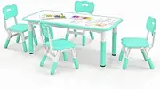 HONEY JOY Kids Table and 4 Chairs Set, Height Adjustable Toddler Desk & Chairs for 3+ Years, Arts Crafts Table w/Graffiti Desktop, Children Study Activity Table Set for Home, Daycare, School (Green)
