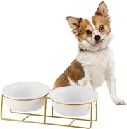 Small Double Elevated Dog Bowls - Raised Dog Bowl - Ceramic Dog Cat Bowl Set for Food and Water - Pet Comfort Feeding Bowls with Gold Iron Stand