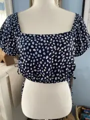 Roxy Shirt Crop Top Dear Amor Blue Dots Half Shirt Side Ties Rayon Large L NWT
