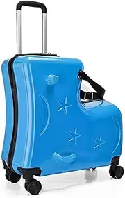 [Iouyjiu] Kids Ride- Luggage | 20in Trolley Case with 3-Digit Password Lock | Ride- Suitcase for Boys with Pedals, Handlebar, Seat Belts, and Silent Wheels | Ideal Travel Bag for Kids, Lake Blue,