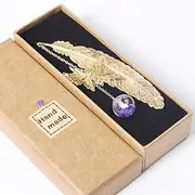 [SONGER] Metal Feather Bookmark with 3D Butterfly and Glass Bead Pendant, Exquisite Bookmark Book Marker for Book Lover, Teachers, Friends, Grandma, Woman and Kids (Golden Feather Purple Ball White F)