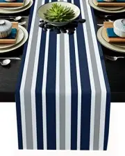 Stripe Table Runner-Navy Blue Gray White Cotton linen-Long 90 inche Dresser
