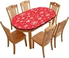 Christmas Elastic Fitted Tablecloths, White Snowflakes on Red Background Oval Ta