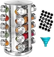 Kylinbigda 360-degree Rotating Glass and Stainless Steel Spice Rack with 20 Jars, Anti-Sprinkling Design, Great Gift