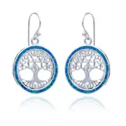Sterling Silver Tree of Life Blue Opalique Drop Earrings
