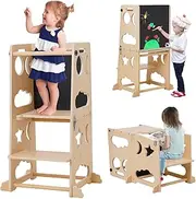 Toddlers Kitchen Step Stool, Montessori Learning Tower with Chalkboard, Stool Helper for Kids in Kitchen & Washstand & Toilet, Foldable Toddler Table and Chair