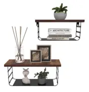2 Tier Wall Mounted Floating Shelf Set 12.8” & 15.7” Rustic Wood/Black Metal 2Pc