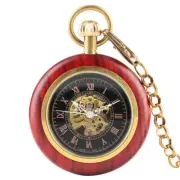 Wooden Mechanical Pocket Watch Skeleton Handwinding Roman Number Display Chain