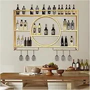 Wine Rack Wall Mounted with LED Light with Wine Glass Holder,Iron Wine Shelf,Floating Bar Shelves,Liquor Bottle Display Shelf,Bar Cabinet for Home Kitchen Wine Cellar,Gold/Black(Co