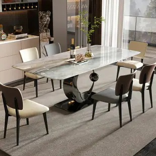 天然彩晶石大理石餐桌長方形輕奢簡約家用高端天然奢石餐桌椅組合