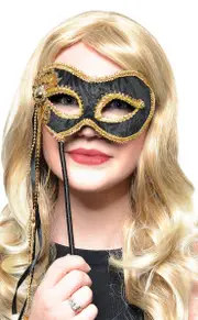 Elegant Hand Held Black Velvet and Gold Braid Masquerade Mask