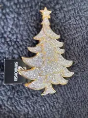 Rare Retired Signed Swan Swarovski Pave Clear Crystal Xmas Tree Brooch Pin