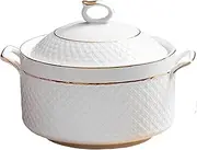 White Soup Tureen with Glass Lid Large Capacity Ceramic Soup Bowl White Porcelain Serving Bowl Gold Trim Soup Bowls with Spoon Round Bowl for Home Kitchen RestaurantWhite,2.2L