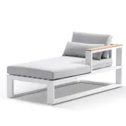 Balmoral Outdoor Aluminium and Teak Timber Daybed Chaise Lounge White - Textured Olefin Grey - Right Chaise