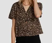 $55 Volcom Women's Brown Gen Wow Leopard Print Collared Crop Shirt Top Sz XS